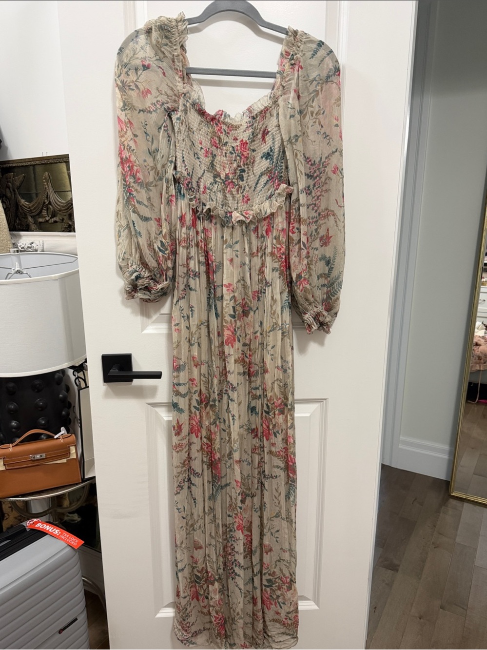 Zimmermann Floral Smocked Silk Dress with Pink Accents 0